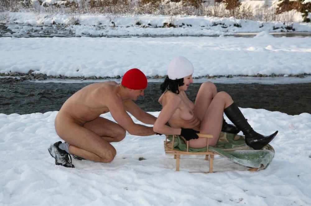 Naturist Girl Snow Day Couples Sled pics - Naturism and Environmental Awareness